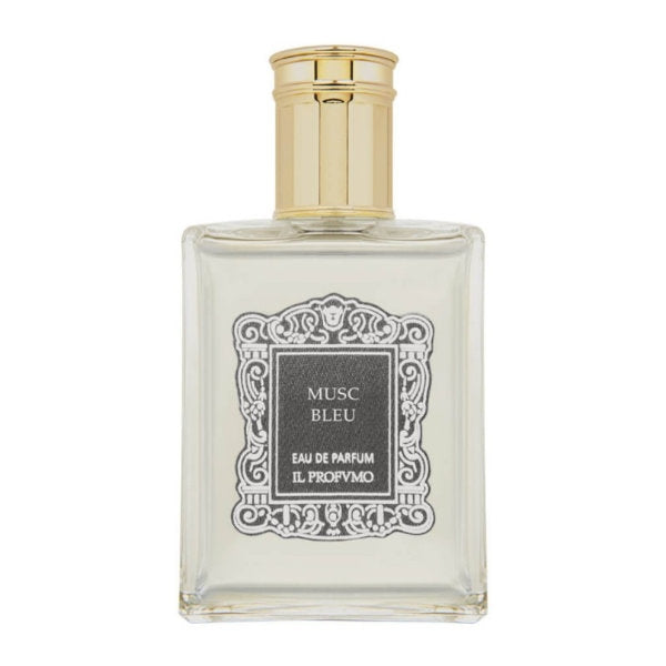 Il Profumo - Musc Bleu Parfumflakon mit klarem Glas, goldfarbenem Verschluss und kunstvollem schwarzem Etikett