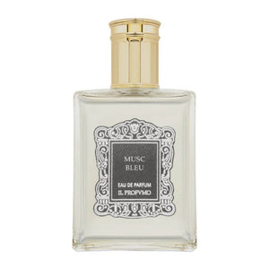 Il Profumo - Musc Bleu Parfumflakon mit klarem Glas, goldfarbenem Verschluss und kunstvollem schwarzem Etikett