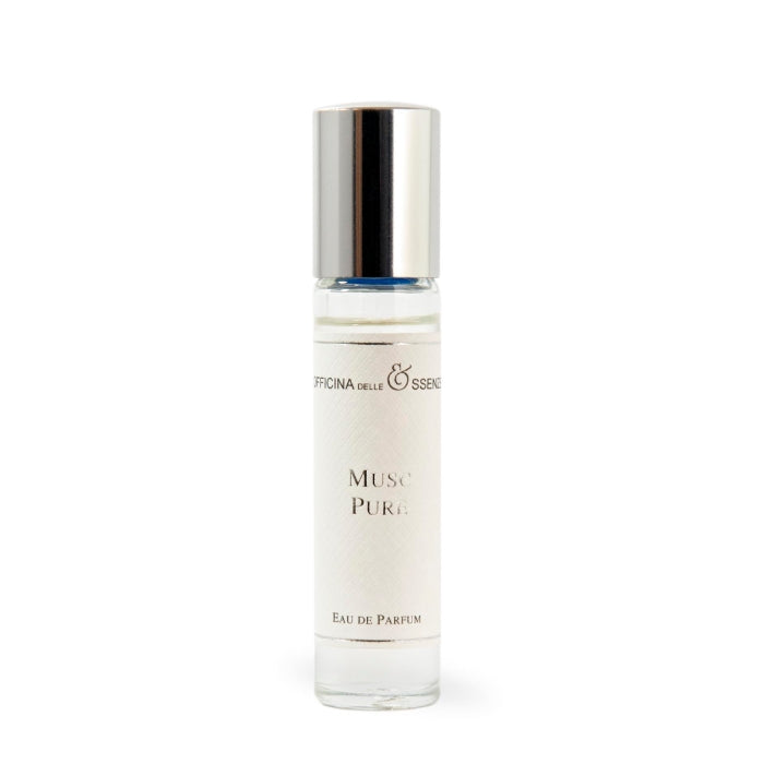 Officina delle Essenze - Musc Pure schlanker klarer Flakon mit silbernem Verschluss und minimalistischem Etikett