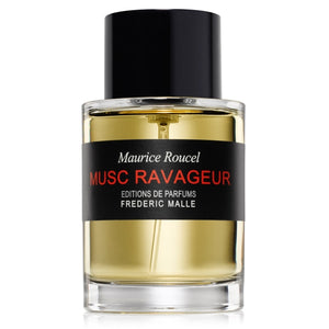 Frédéric Malle - Musc Ravageur Parfumflakon mit klarem Glas, schwarzem Label und roter Schrift vor weißem Hintergrund