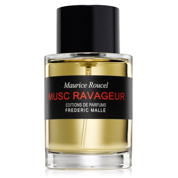 Frédéric Malle - Musc Ravageur Parfumflakon mit klarem Glas, schwarzem Label und roter Schrift vor weißem Hintergrund