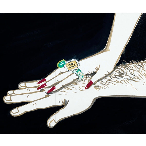 Frédéric Malle - Musc Ravageur elegante Illustration von Händen mit rotem Nagellack und Schmuck vor schwarzem Hintergrund