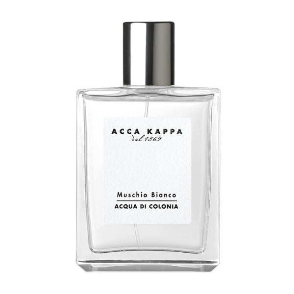 Acca Kappa - Muschio Bianco - Acqua di Colonia klarer Glasflakon mit silbernem Verschluss vor weißem Hintergrund