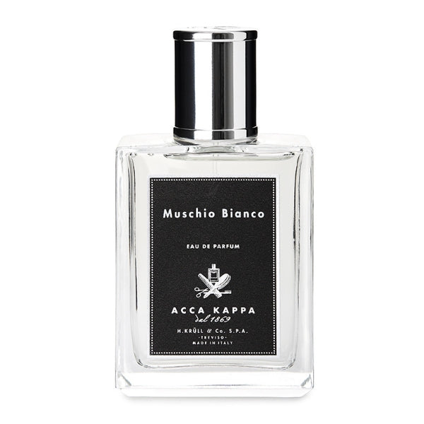 Acca Kappa - Muschio Bianco - Eau de Parfum Flakon mit klarem Glas und schwarzem Etikett in schlichtem Design