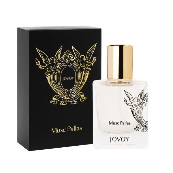 Jovoy - Musc Pallas zeigt eleganten, klaren Flakon mit goldfarbenem Verschluss und schwarzer Verpackung mit filigranem Emblem