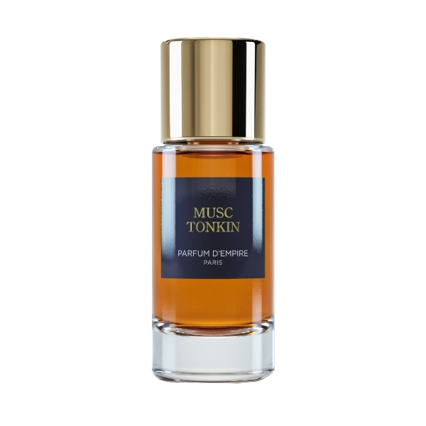 Parfum d'Empire - Musc Tonkin Parfumflakon mit klarem Glas, goldfarbenem Verschluss und elegantem Label in dunklem Blau