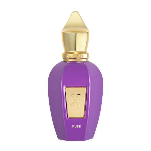 Xerjoff - Vibe - Muse eleganter lila Flakon mit goldfarbenem Verschluss vor weißem Hintergrund