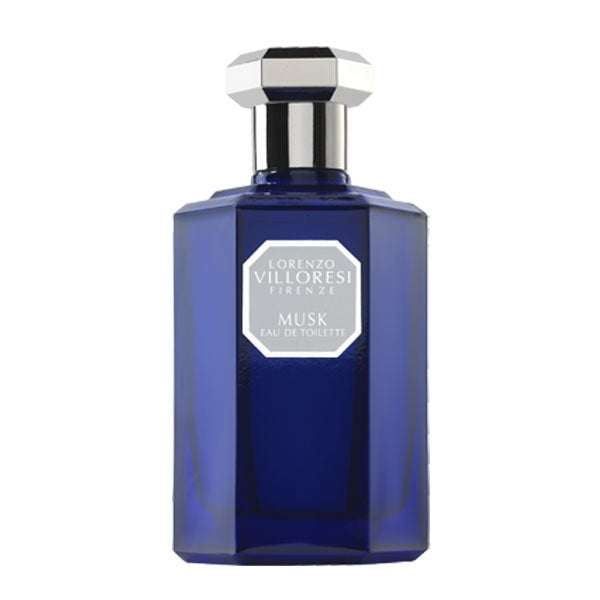 Lorenzo Villoresi Musk Eau de Toilette in deep blue faceted bottle with silver octagonal cap on white background