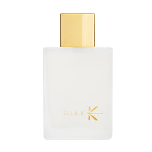 Ella K - Musc K zeigt minimalistischen, weißen Glasflakon mit goldenem Verschluss und dezentem Markenschriftzug