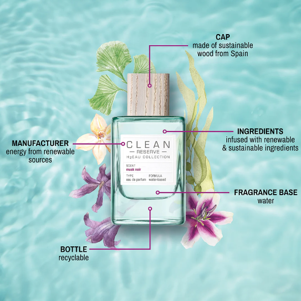 Clean Perfume - H2Eau Musk Noir Flakon mit nachhaltigem Holzverschluss umgeben von Blüten auf Wasseroberfläche