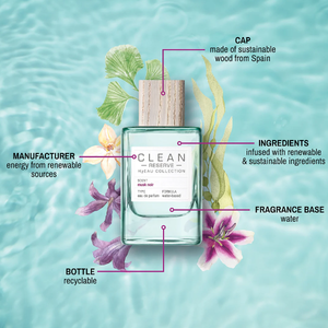 Clean Perfume - H2Eau Musk Noir Flakon mit nachhaltigem Holzverschluss umgeben von Blüten auf Wasseroberfläche