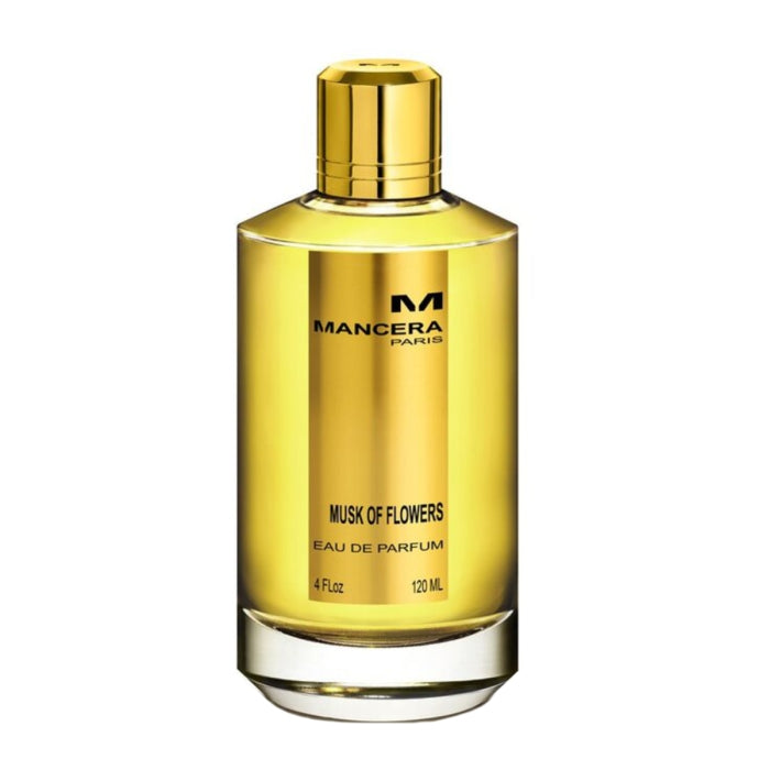 Mancera - Musk of Flowers Parfumflakon in glänzend goldener Ausführung mit klarer Glasbasis und elegantem Schriftzug