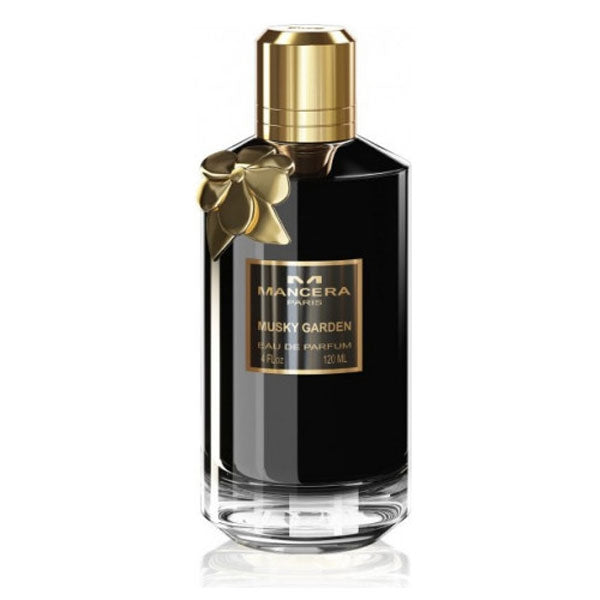 Mancera - Musky Garden Parfumflakon in schwarzem Glas mit goldenem Deckel und floralem Anhänger vor weißem Hintergrund
