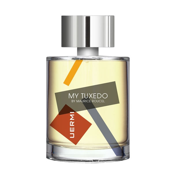 UERMI - MY TUXEDO Parfumflakon mit modernem Design und klarem Glas mit silbernem Verschluss vor weißem Hintergrund
