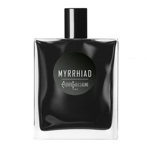 Pierre Guillaume - Black Collection - Myrrhiad Parfumflakon in mattem Schwarz mit schlichtem rundem Label und klarem Glasrahmen