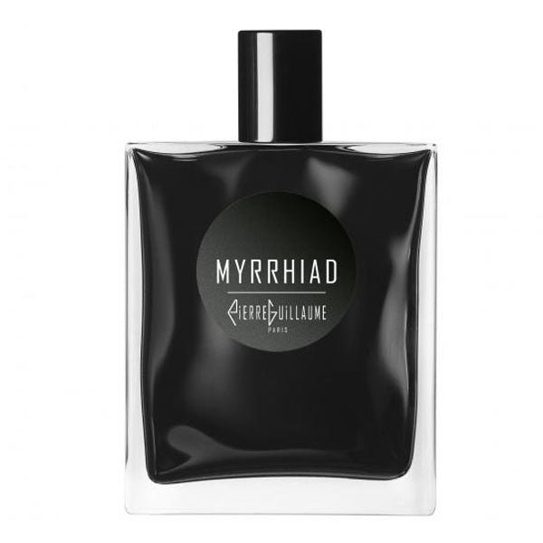 Pierre Guillaume - Black Collection - Myrrhiad Parfumflakon in mattem Schwarz mit schlichtem rundem Label und klarem Glasrahmen