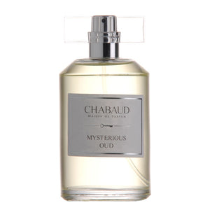 Chabaud - Mysterious Oud Parfumflakon mit klarem Glas und silbernem Zerstäuber, schlicht und edel gestaltet