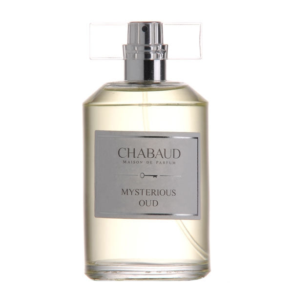 Chabaud - Mysterious Oud Parfumflakon mit klarem Glas und silbernem Zerstäuber, schlicht und edel gestaltet