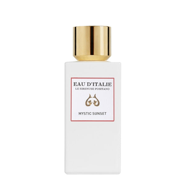 Eau d'Italie - Mystic Sunset Parfumflakon mit weißem Flakon und goldfarbenem Verschluss vor hellem Hintergrund