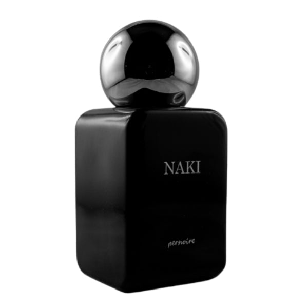 Pernoire - Naki Parfumflakon in mattschwarzem Design mit glänzender silberner Kugelkappe vor weißem Hintergrund