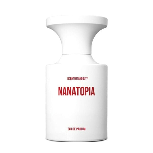 BORNTOSTANDOUT - Nanatopia Parfümflakon in schlichtem Weiß mit markanter roter Schrift auf minimalistischem Design