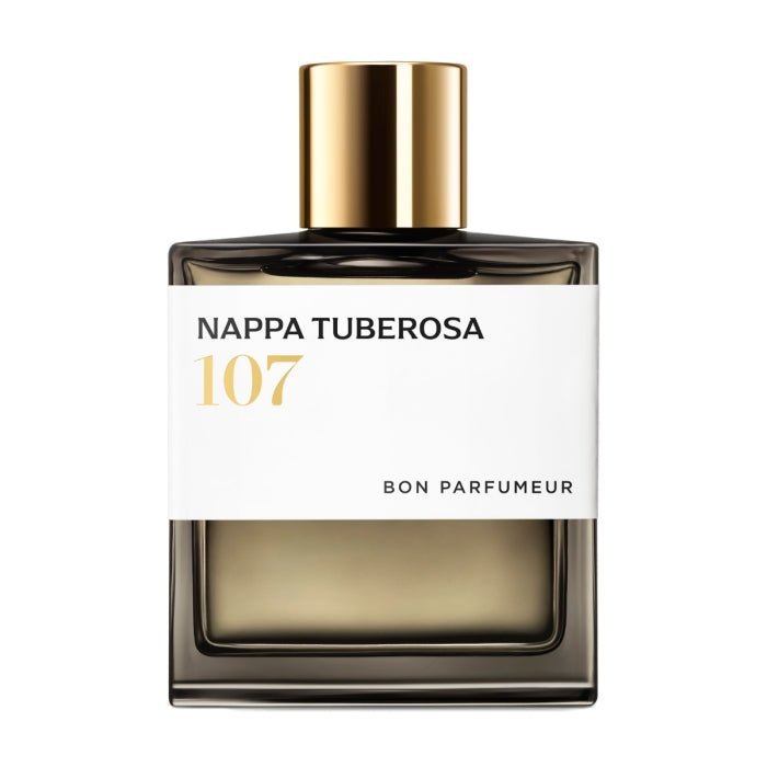 Bon Parfumeur - Les Extraits - 107 Nappa Tuberosa Parfumflakon mit goldenem Verschluss vor weißem Hintergrund