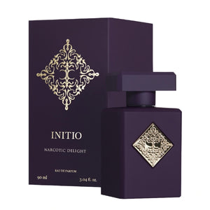 Initio - Carnal Blend - Narcotic Delight Parfumflakon in tiefviolett mit elegantem goldenem Ornament und edler Verpackung