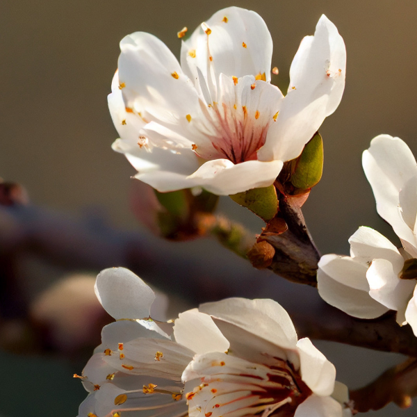 Nectar Olfactif - Suprême Nectar zeigt filigrane Mandelblüten in sanftem Licht mit zarten Staubgefäßen am Zweig