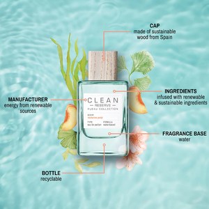 Clean Perfume - H2Eau Nectarine Petal Flakon mit nachhaltigem Holzverschluss und floralen Akzenten vor Wasserhintergrund