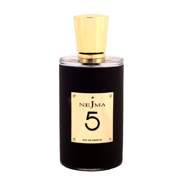 Nejma Collection - Nejma 5 Parfümflakon mit schwarzem Mantel und goldenem Verschluss vor weißem Hintergrund
