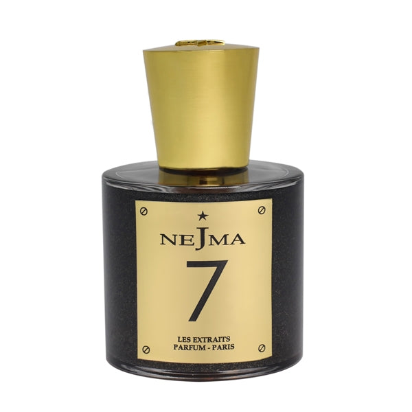 Nejma Collection - Les Extraits - Nejma 7 Parfumflakon mit schwarzem Glas und goldfarbenem Verschluss vor weißem Hintergrund