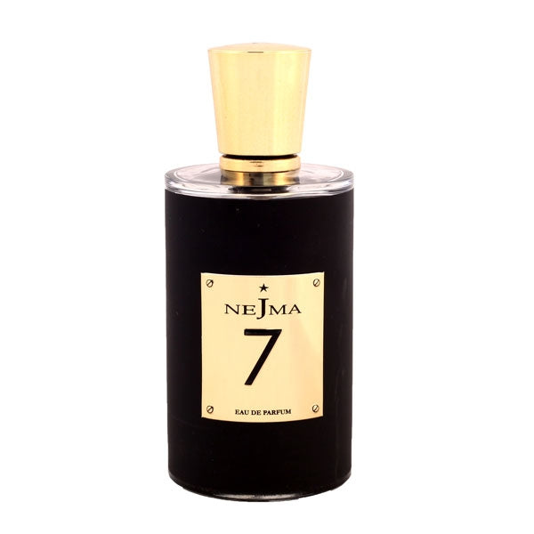 Nejma Collection - Nejma 7 Parfümflakon mit schwarzem Mantel und goldenem Verschluss vor weißem Hintergrund