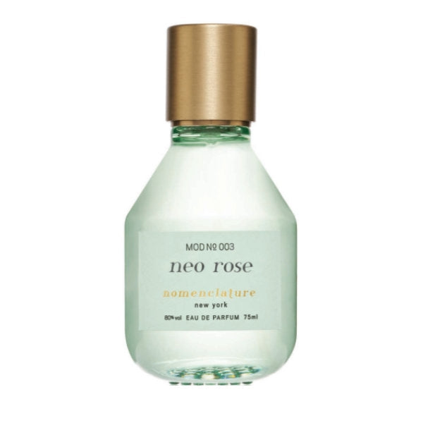 Nomenclature - neo rose Parfumflakon mit leicht grünlichem Glas und goldfarbenem Verschluss in klarer, moderner Form