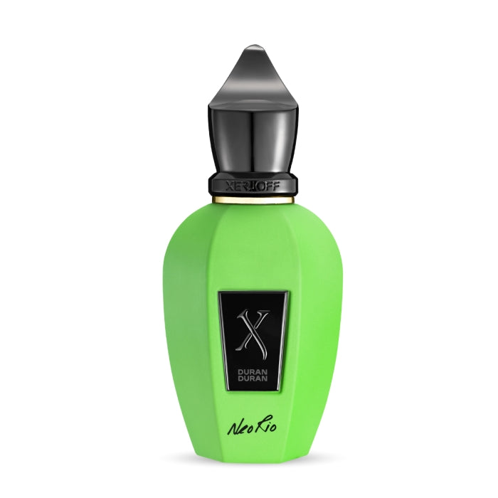 Xerjoff - Blends - Duran Duran - NeoRio / Green Parfumflakon in leuchtendem Grün mit schwarzem Deckel und Logo auf weißem Hintergrund