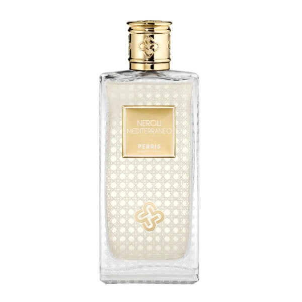 Perris Monte Carlo - Italy Collection - Neroli Mediterraneo zeigt eleganten, transparenten Flakon mit goldfarbenem Verschluss und Musterung