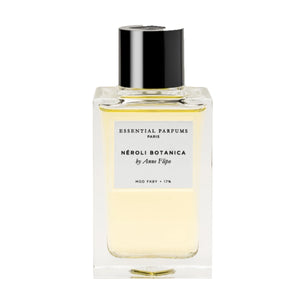 Essential Parfums - Néroli Botanica Parfumflakon mit schwarzem Deckel vor weißem Hintergrund schlicht präsentiert
