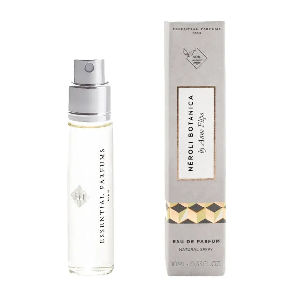 Essential Parfums - Néroli Botanica zarter Sprayflakon mit goldenen Akzenten und eleganter Verpackung auf weißem Hintergrund
