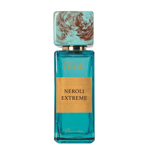 Gritti - Smaragd Collection - Neroli Extreme Parfumflakon in transparentem Türkis mit goldfarbenem Etikett vor weißem Hintergrund
