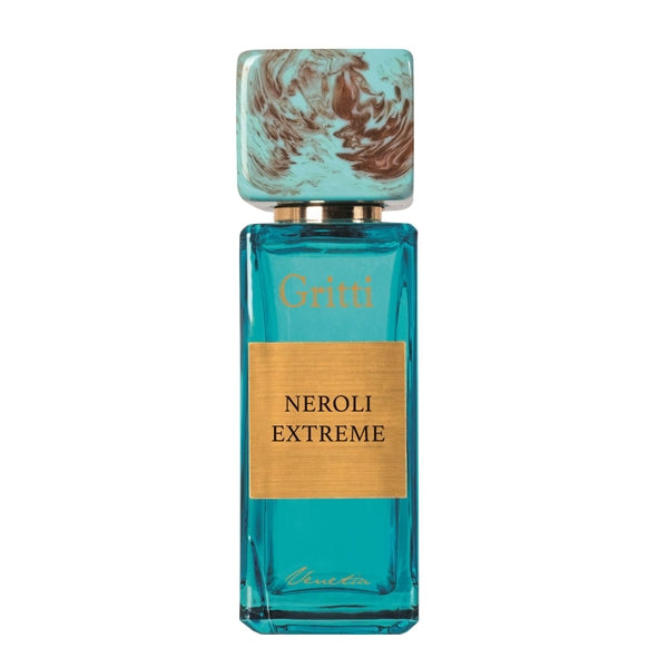 Gritti - Smaragd Collection - Neroli Extreme Parfumflakon in transparentem Türkis mit goldfarbenem Etikett vor weißem Hintergrund