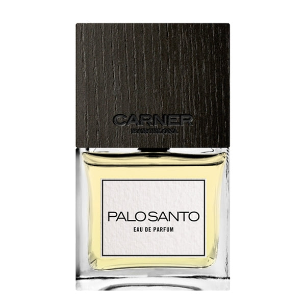 Carner Barcelona - Palo Santo Parfümflakon mit eckigem Glas und dunkelbraunem Holzdeckel vor weißem Hintergrund