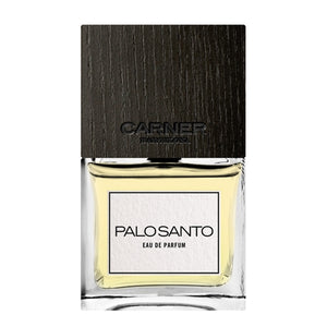 Carner Barcelona - Palo Santo Parfümflakon mit eckigem Glas und dunkelbraunem Holzdeckel vor weißem Hintergrund