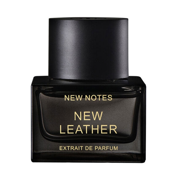 New Notes - Contemporary Blend Collection - New Leather präsentiert schwarzen Flakon mit goldener Schrift und mattem schwarzen Verschluss