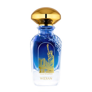 Widian - Sapphire Collection - New York Parfumflakon in Blau mit goldfarbenem Verschluss und New York Motiven vor weißem Hintergrund