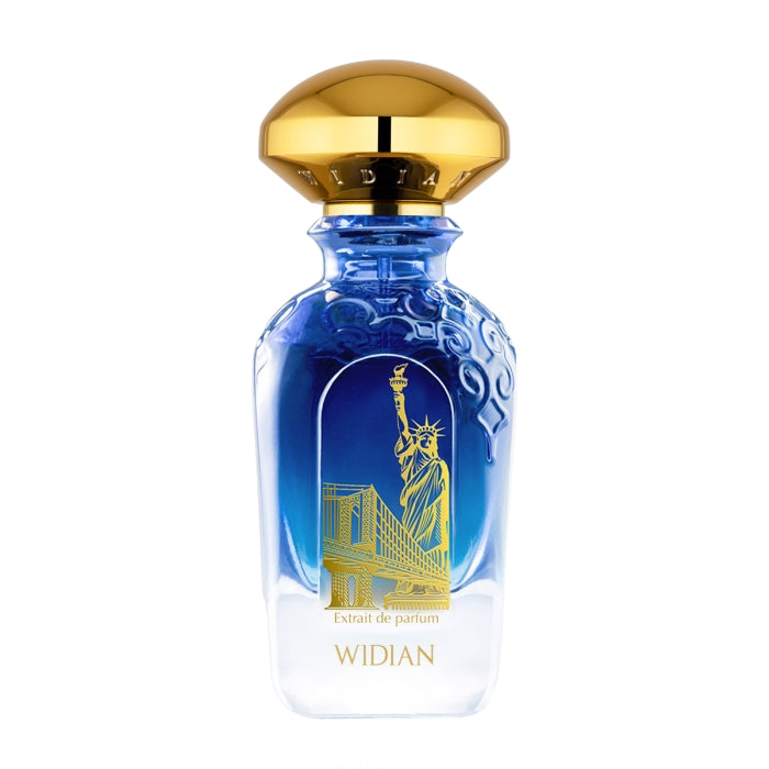 Widian - Sapphire Collection - New York Parfumflakon in Blau mit goldfarbenem Verschluss und New York Motiven vor weißem Hintergrund