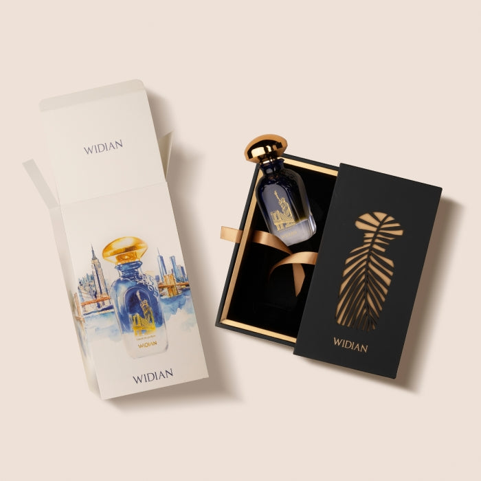 Widian - Sapphire Collection - New York Parfumflakon in Blau mit goldfarbenem Verschluss und edler schwarzer Geschenkbox mit Federmotiv