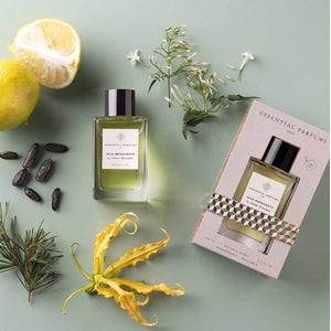 Essential Parfums - Nice Bergamote Parfumflakon mit schwarzem Deckel und passender Verpackung auf grünem Hintergrund