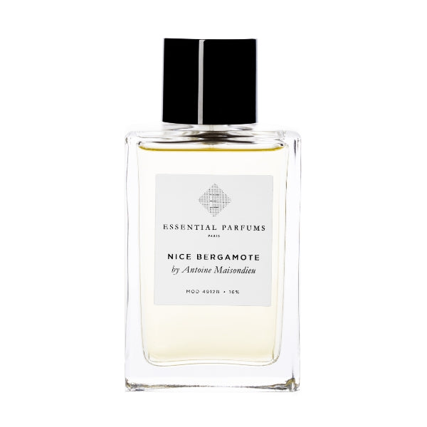 Essential Parfums - Nice Bergamote klarer Flakon mit schwarzem Deckel und weißem Label vor weißem Hintergrund