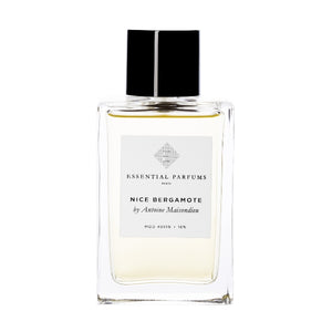 Essential Parfums - Nice Bergamote klarer Flakon mit schwarzem Deckel und weißem Label vor weißem Hintergrund