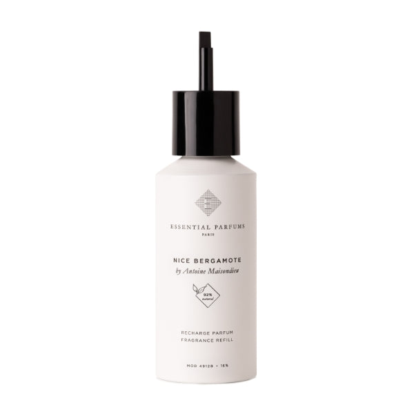 Essential Parfums - Nice Bergamote Nachfüllflakon mit schwarzem Pumpverschluss und schlichtem weißem Design vor weißem Hintergrund