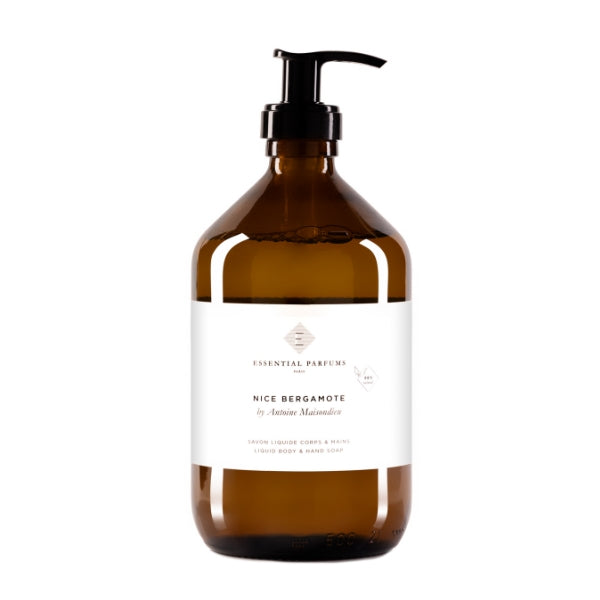 Essential Parfums - Nice Bergamote - Liquid Soap in bernsteinfarbener Flasche mit schwarzem Spender für sanfte Reinigung